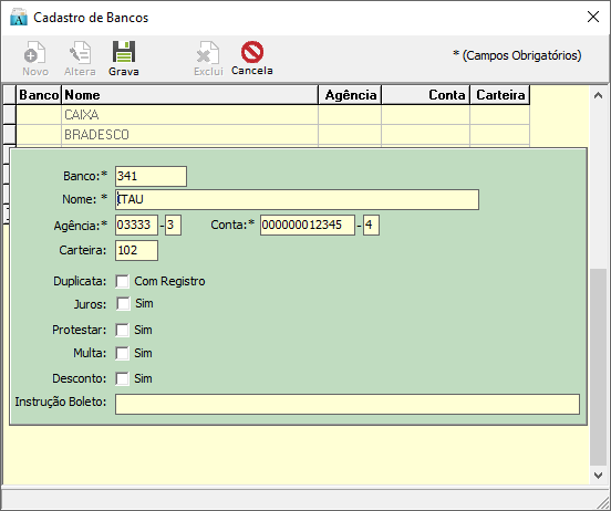 Tela de Cadastro de Configuração de Bancos