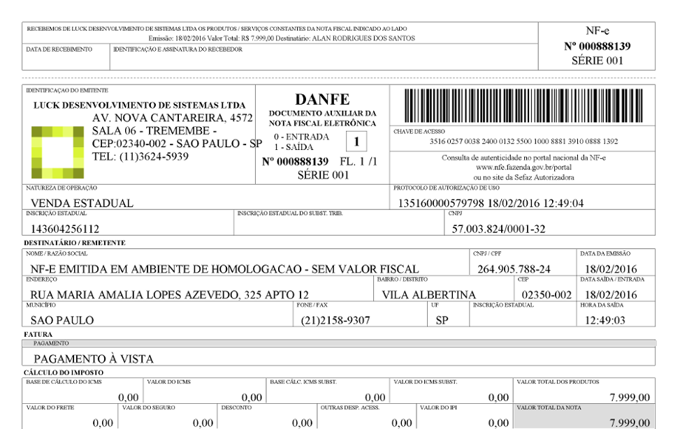 Exemplo de DANFE (Documento auxiliar da Nota Fiscal Eletrônica